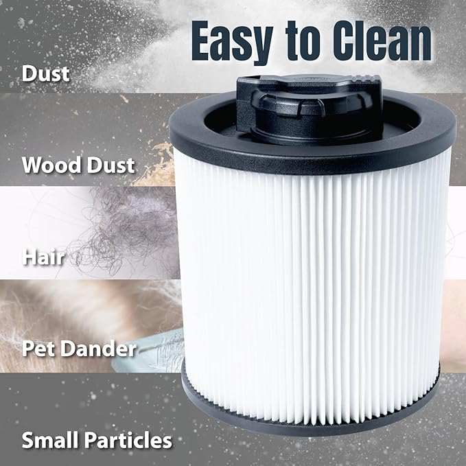 POWERTEC DXVC6910 Cartridge Filter for DeWalt 6-16 Gal. Wet/Dry Vacuums, Shop Vac Filters for DXV09PA, DXV10S-QT, DXV09P-QTA, DXV06P-QT, DXV10P-QT Shop Vacuum, 2 Pack (75120-P2)