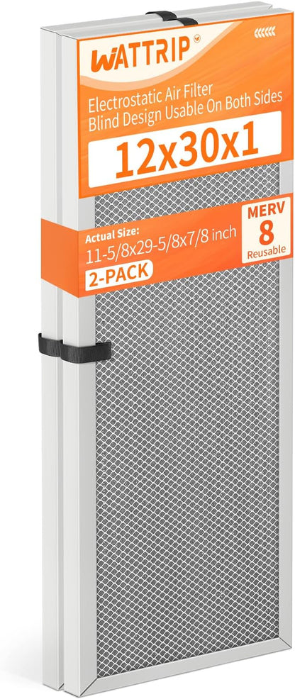 2-Pack 12x30x1 MERV 8 Reusable & Washable Electrostatic Air Filters - Long-Lasting Filter for HVAC, Furnace & Air Conditioner Units, Actual Size: 11-5/8” x 29-5/8” x 7/8”