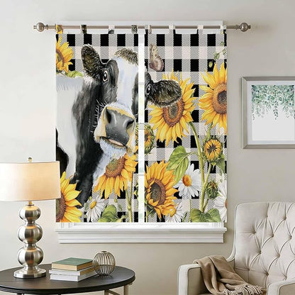 Retro Sunflowers Living Room Curtains 84 Inch Length, Window Curtains Tab Top, Farmhouse Floral Cow Butterfly Black Plaid Light Filtering Window Treatments Drapes 42"x84" 2 Panel