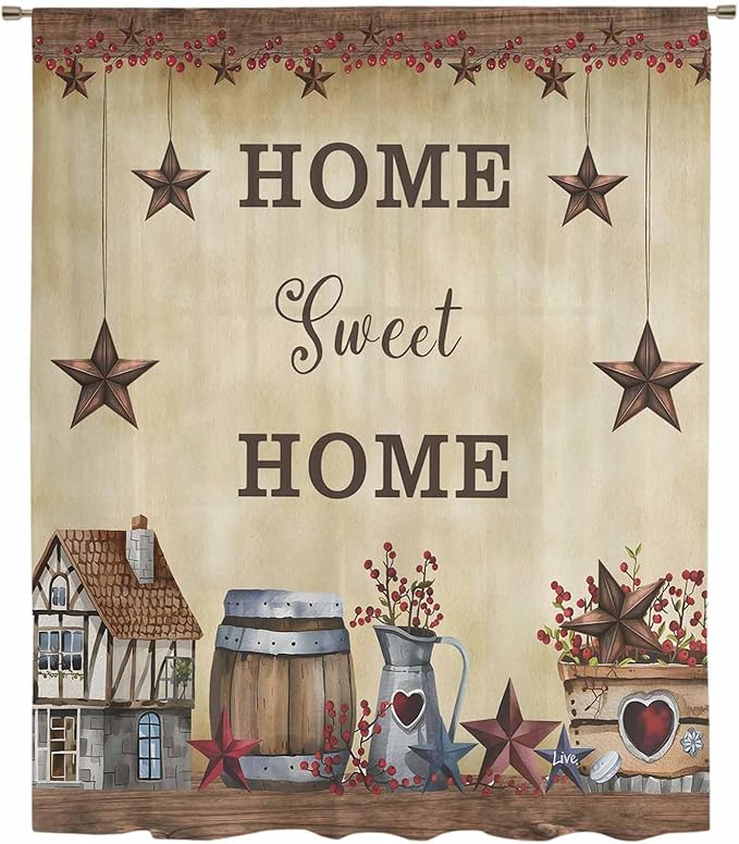 Farm Sheer Curtains 72 Inch Length American Country Barn Star Vintage Berry Brown Chiffon Curtain for Bedroom Living Room Light Filtering Rod Pocket Window Treatments Voile Curtains Drapes for Dining