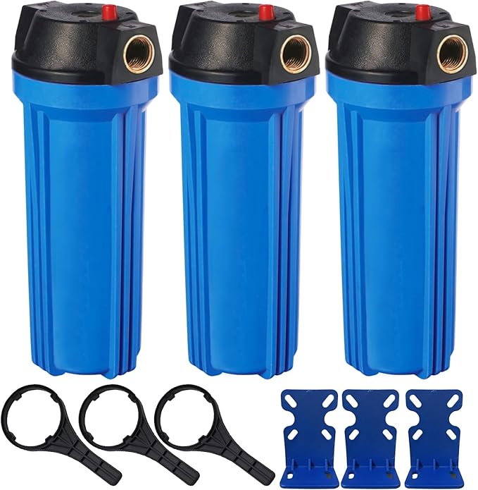 Geekpure 10-Inch Whole House Slim Water Filter Housing for 2.5" x 10" Filter - 3/4" NPT Brass Port - with Air Relief Valve-Blue-Pack of 3