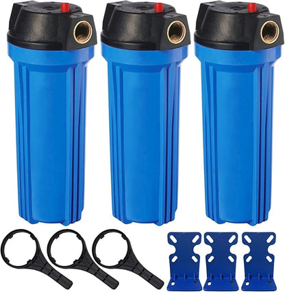Geekpure 10-Inch Whole House Slim Water Filter Housing for 2.5" x 10" Filter - 3/4" NPT Brass Port - with Air Relief Valve-Blue-Pack of 3