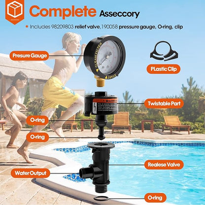 98209800 High Flow Manual Relief Valve/Air Relief Manual Valve Assembly with Pressure Gauge, Replacement for Pool and Spa Filter (1 PACK-98209800)
