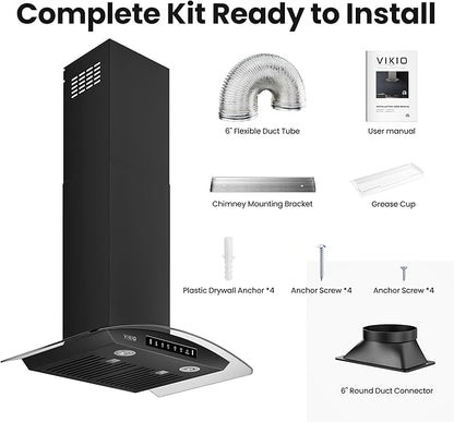 Black 30 inch Wall Mounted Range Hood Glass 900 CFM, Stainless Steel Kitchen Hood Vent with Gesture/Touch Controls, 3-Speed Exhaust Fan and Stainless Steel Baffle Filter, 2 LED Lights