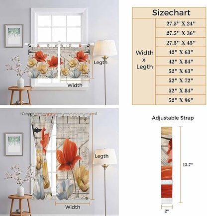 Retro Floral Living Room Curtains 84 Inch Length, Window Curtains Tab Top, Red Yellow Tulips Barm Doors Farmhouse Wooden Light Filtering Window Treatments Drapes 42"x84" 2 Panel