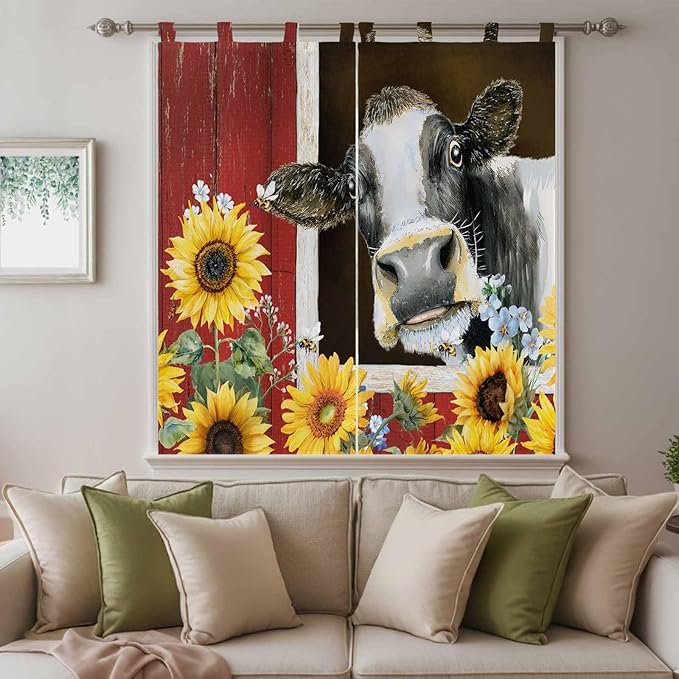 Cows Sunflowers Living Room Curtains 84 Inch Length, Window Curtains Tab Top, Rustic Farms Barns Flowers Bees Animals Light Filtering Window Treatments Drapes 42"x84" 2 Panel