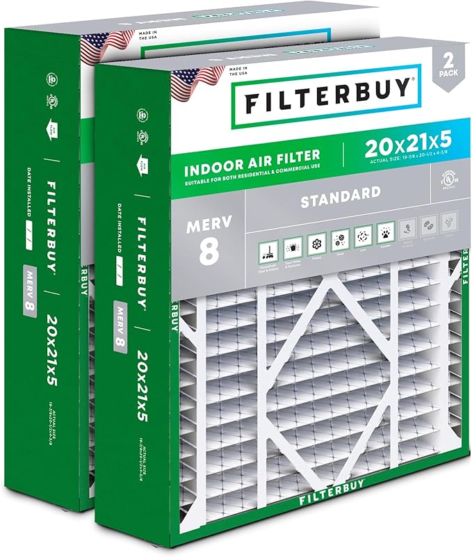 Filterbuy 20x21x5 Air Filter MERV 8 Essential Dust & Allergy Defense (2-Pack), Electrostatic Pleated HVAC AC Furnace Filters Replacement for Lennox and Electro-Air (Actual Size: 19.88 x 20.50 x 4.38)
