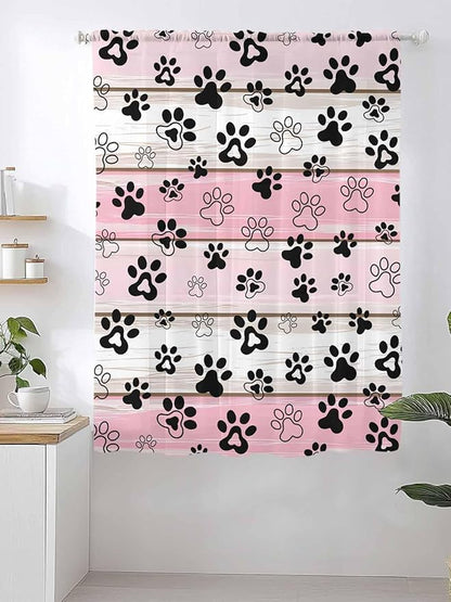 Sheer Curtains 63 Inch Length, Pink Beige Paw Print Semi Sheer Curtains Light Filtering Window Treatment, Vintage Farmhouse Country Wooden Grain Privacy Voile Drapes for Living Room Bedroom 52x63 Inch