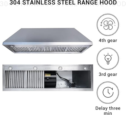 CHETTO C Stainless Steel Range Hood Cover with 4-Speed Vent Hood Insert Custom Handmade Metal Kitchen Fan with Towel Rack LED Light 60"W x24"D x33"H Black Wall Mount