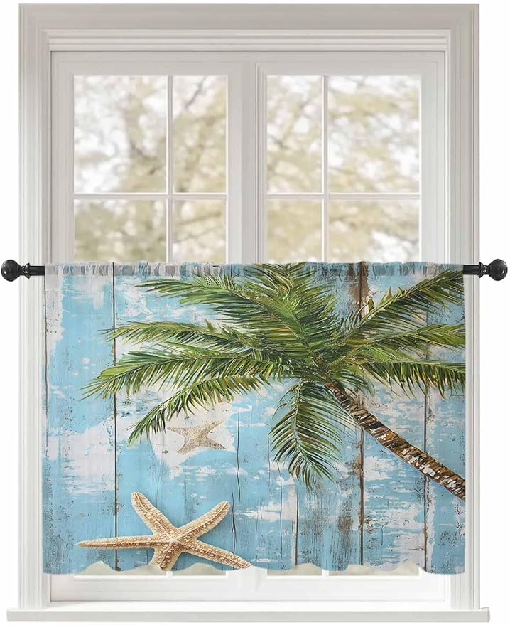 Sheer Curtains 54 Inch Length, Coastal Beach Blue Semi Sheer Curtains Light Filtering Window Treatment, Tropical Coconut Tree Vintage Wood Grain Privacy Voile Drapes for Living Room Bedroom 52x54 Inch