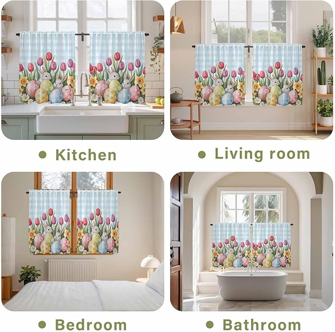 Easter Kitchen Curtains 54 Inch Long 2 Panel Set,Rod Pocket Window Curtains Panels,Spring Bunny Colorful Eggs Tulip Flowers Blue Check Light Filtering Drapery Draperies for Bathroom 52"W x 54"L