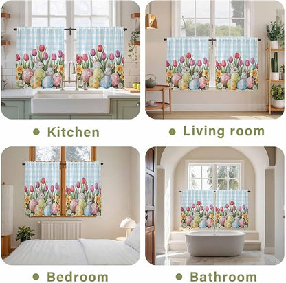 Easter Kitchen Curtains 54 Inch Long 2 Panel Set,Rod Pocket Window Curtains Panels,Spring Bunny Colorful Eggs Tulip Flowers Blue Check Light Filtering Drapery Draperies for Bathroom 52"W x 54"L