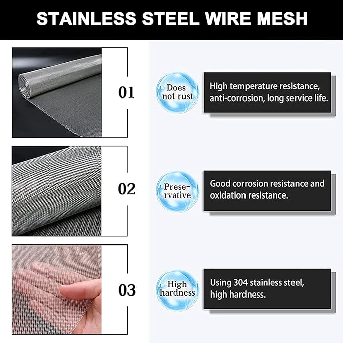 Stainless Steel Woven Wire Mesh Metal Woven Mesh, 20 Mesh Stainless Steel Air Vent Mesh Cabinets Wire Mesh Insect Screen for Vent, Filter, Window, Garden