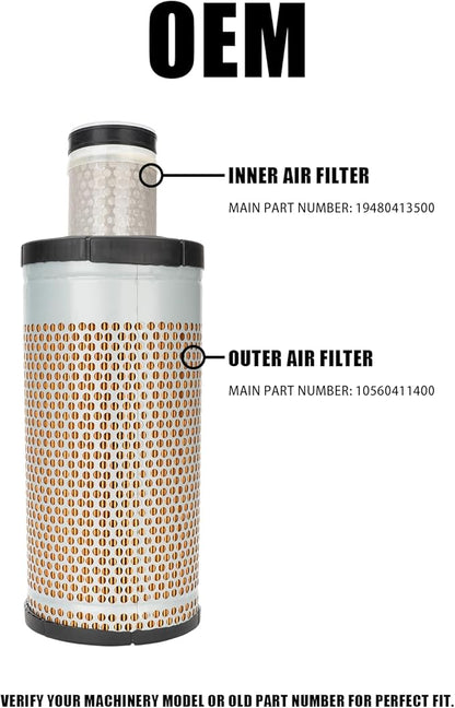 10560411400 19480413500 Outer & Inner Air Filter Fit for Mahindra 1500 and 1600 Series Tractors, Including 1533, 1538 and 1640 Models