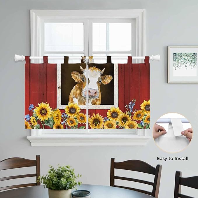 Cows Sunflowers Kitchen Curtains 24 Inch Length, Small Window Curtains Tab Top, Spring Floral Bees Farmhouse Barn Light Filtering Short Window Treatments Tier Drapes 27.5"x24" 2 Panel