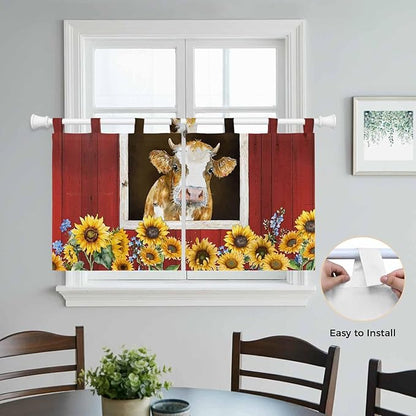 Cows Sunflowers Kitchen Curtains 36 Inch Length, Small Window Curtains Tab Top, Spring Floral Bees Farmhouse Barn Light Filtering Short Window Treatments Tier Drapes 27.5"x36" 2 Panel