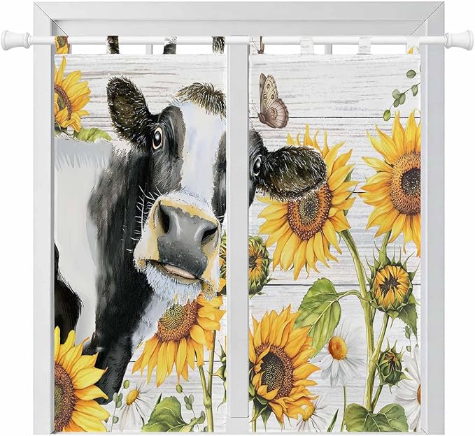 Retro Farmhouse Floral Living Room Curtains 84 Inch Length, Window Curtains Tab Top, Yellow Sunflowers Cows Butterfly Wood Light Filtering Window Treatments Drapes 42"x84" 2 Panel