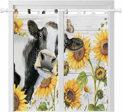 Retro Farmhouse Floral Living Room Curtains 84 Inch Length, Window Curtains Tab Top, Yellow Sunflowers Cows Butterfly Wood Light Filtering Window Treatments Drapes 42"x84" 2 Panel
