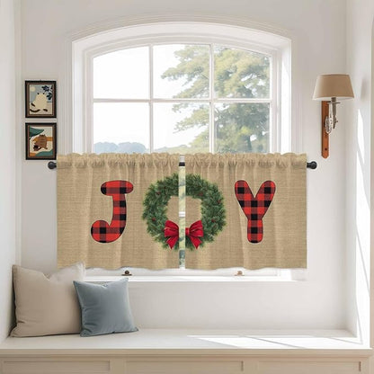 Red Green Christmas Kitchen Tier Curtains 24 Inch Long 2 Panel Set,Rod Pocket Cafe Small Window Curtains Over Sink,Xmas Botanical Winter Farmhouse Short Drapes for Bathroom Cabinet 27.5"W x 24"L