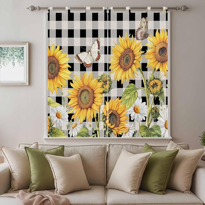 Sunflowers Bedroom Curtains 72 Inch Length, Window Curtains Tab Top, Yellow Flowers Butterfly Farmhouse Black Plaid Light Filtering Window Treatments Drapes 52"x72" 2 Panel