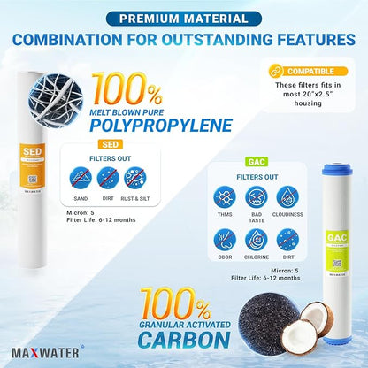 (3 Pack) Max Water Whole House Water Filter Set 20" x 2.5" Slim Blue Cation Resin, GAC Carbon, PP Sediment Water Filters for 20" Slim Blue Whole House Filtration Systems