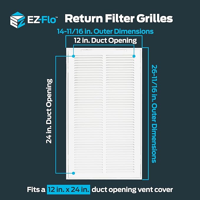 EZ-FLO 12 x 24 Inch (Duct Opening) Return Air Vent Cover for Wall or Ceiling, Solid Steel Return Air Filter Grille, HVAC Vent Cover, White, 61668