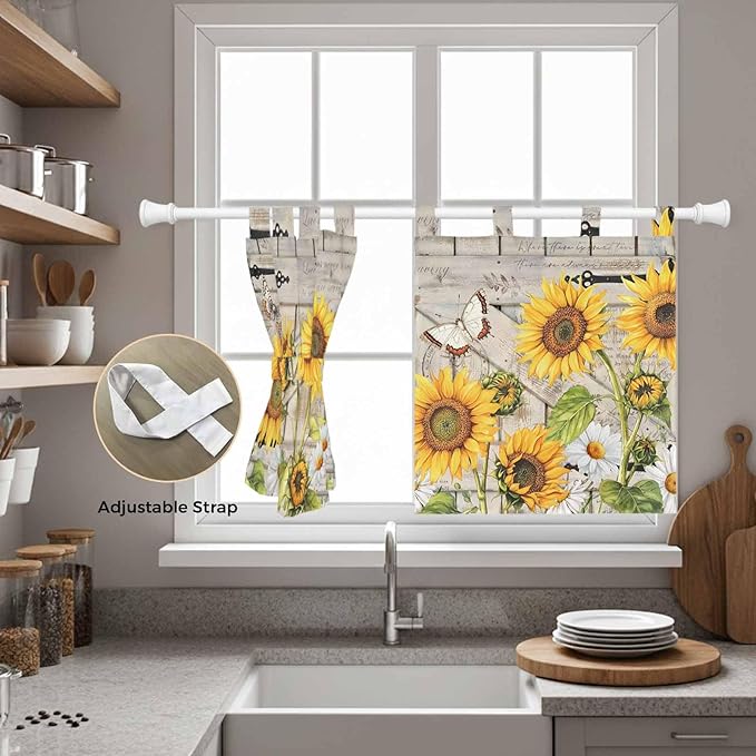 Farm Flowers Kitchen Curtains 36 Inch Length, Small Window Curtains Tab Top, Retro Sunflowers Barn Doors Butterfly Wood Board Light Filtering Short Window Treatments Tier Drapes 27.5"x36" 2 Panel
