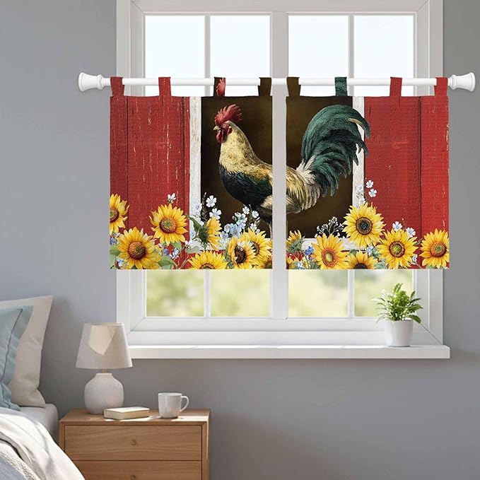 Chicken Sunflowers Kitchen Curtains 24 Inch Length, Small Window Curtains Tab Top, Farmhouse Animals Red Barn Bees Light Filtering Short Window Treatments Tier Drapes 27.5"x24" 2 Panel