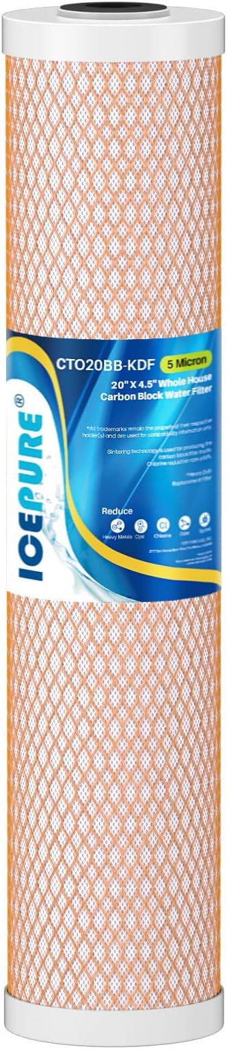 ICEPURE 4.5" x 20" Activated Carbon and KDF Large Capacity Water Filter, Whole House Heavy Metal Filtration, 5 Micron CTO20BB-KDF Whole House Water Filter, 1 PACK