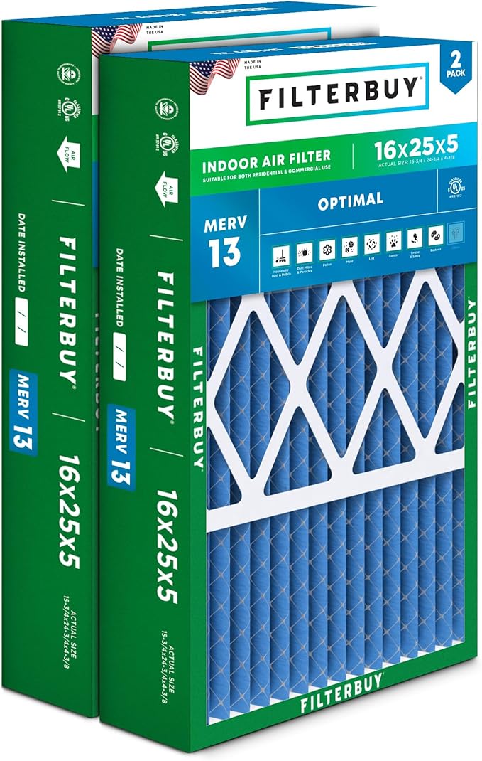 Filterbuy 16x25x5 Air Filter MERV 13 Optimal Smoke & Allergy Defense (2-Pack), Pleated HVAC AC Furnace Filters for Honeywell FC100A1029, Lennox X6670, and More (Actual Size: 15.75 x 24.75 x 4.38)