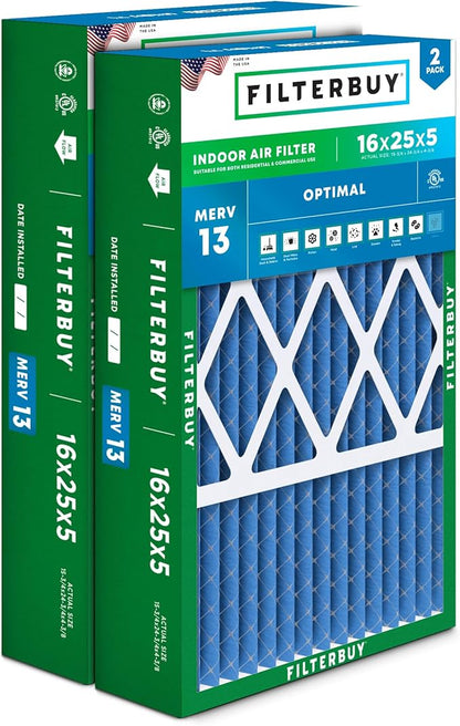 Filterbuy 16x25x5 Air Filter MERV 13 Optimal Smoke & Allergy Defense (2-Pack), Pleated HVAC AC Furnace Filters for Honeywell FC100A1029, Lennox X6670, and More (Actual Size: 15.75 x 24.75 x 4.38)