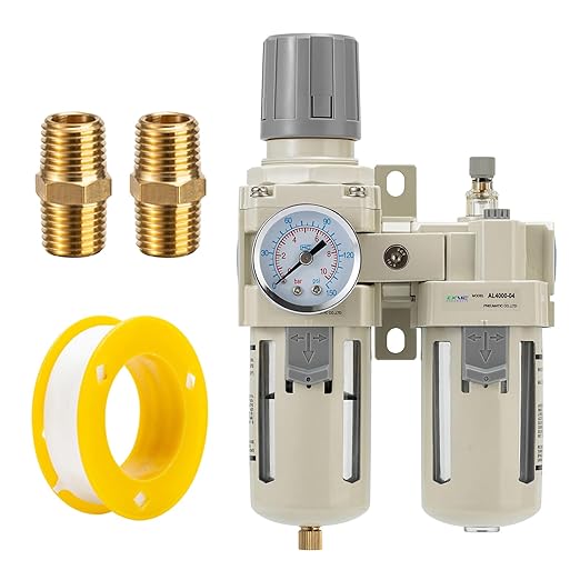 1/2" NPT Air Compressor Oil-Water Separator,Air Pressure Regulator,Compressed Air Filter Regulator Lubricator,Semi-Automatic Drain Polyethylene Bowl (0-150 PSI) Brass Components