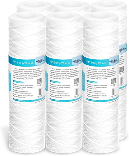 Membrane Solutions 10 Micron 10"x2.5" String Wound Whole House Water Filter Replacement Cartridge Universal Sediment Filters for Well Water - 6 Pack