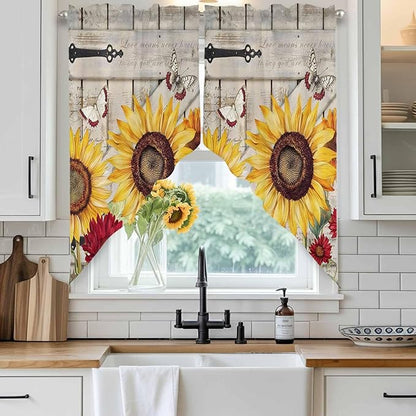 Red Yellow Sunflowers Swag Valances for Windows, Retro Rustic Barn Doors Butterfly Brown Rod Pocket Kitchen Curtains Valance, Small Window Curtains Swag for Cafe Living Room, 2 Panels, 36x36 inch