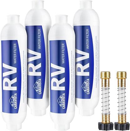 RV Water Filter - Inline Water Filter with 2 Flexible Hose Protector - NSF & ANSI 42 Certified - Camping Essentials for Reducing Odors, Bad Taste, Chlorine and Rust (4 Pack)