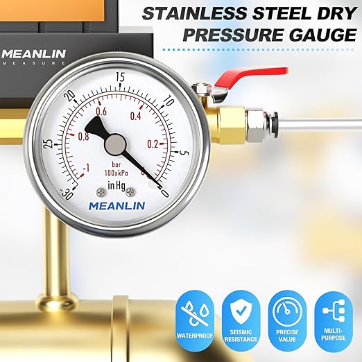 MEANLIN MEASURE -30inHG~0Psi Vacuum Gauge Stainless Steel 1/4" NPT 2" FACE DIAL Waterproof for Air Compressor HVAC Negative Pressure Hand Pump Pool Back Mount with 1/2" NPT and 3/8" NPT Hex Bushing