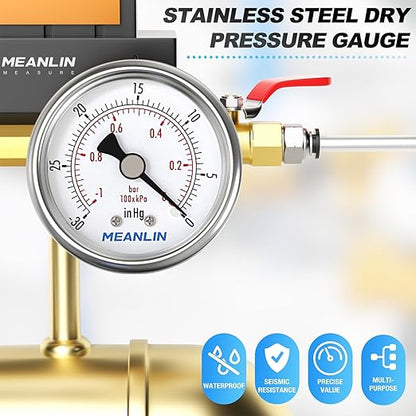 MEANLIN MEASURE -30inHG~0Psi Vacuum Gauge Stainless Steel 1/4" NPT 2" FACE DIAL Waterproof for Air Compressor HVAC Negative Pressure Hand Pump Pool Back Mount with 1/2" NPT and 3/8" NPT Hex Bushing