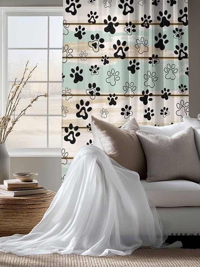 Sheer Curtains 72 Inches Long, Sage Green Beige Farmhouse Semi Sheer Curtains Light Filtering Window Treatment, Black Dog Paw Vintage Wooden Privacy Voile Drapes for Living Room Bedroom 52x72 Inch