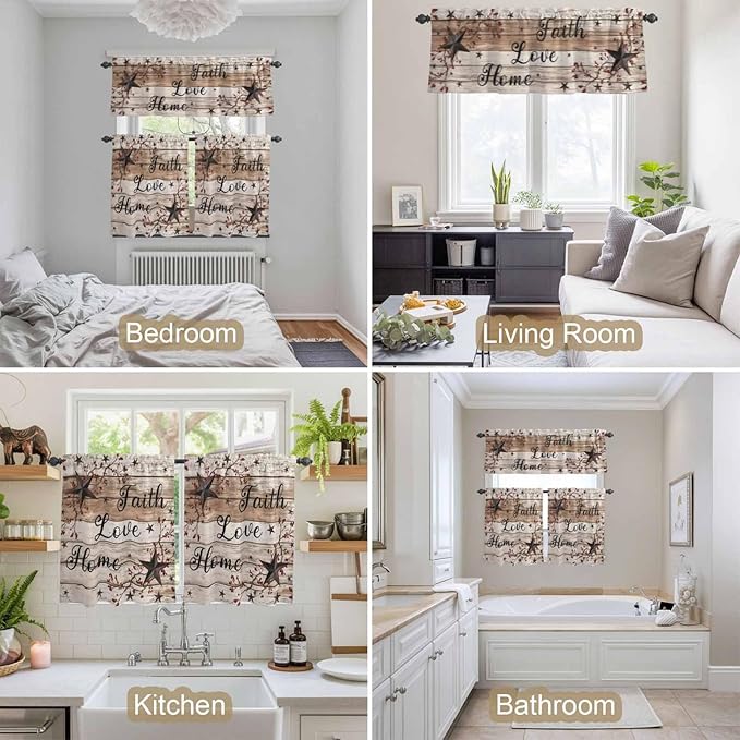 Kitchen Curtains Tiers and Valance Set of 3, Rustic Star Brown Light Filtering Window Curtain Set, Vintage Plants Berry Wooden Grain Rod Pocket Curtain Drapes for Cafe, Living Room, 36 Inches Tiers