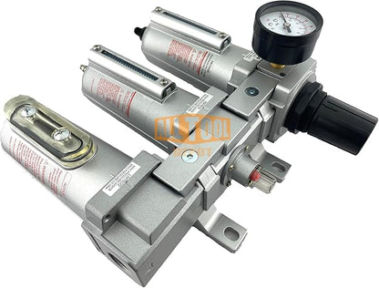 3 STAGE, HEAVY DUTY INDUSTRIAL GRADE FILTER REGULATOR COALESCING DESICCANT DRYER SYSTEM FOR COMPRESSED AIR LINE, METAL BOWLS, GREAT FOR PAINT SPRAY AND PLASMA CUTTER W/ELEMENTS (1/2"NPT, AUTO DRAIN)