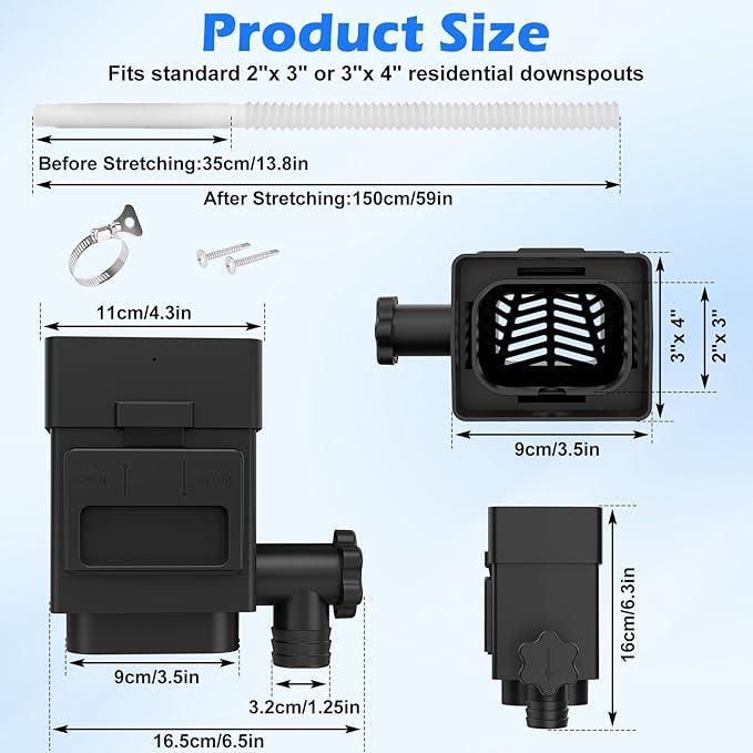 WADEO Rainwater Collection System, Downspout Diverter Fits for 2"x 3" or 3"x 4" Residential Downspouts, Rain Barrel Diverter Kit with Adjustable Valve and Filter, 5FT Hose, Black