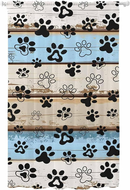 Sheer Curtains 84 Inches Long, Blue Brown Paw Prints Semi Sheer Curtains Light Filtering Window Treatment, Vintage Farmhouse Rustic Wooden Grain Privacy Voile Drapes for Living Room Bedroom 52x84 Inch
