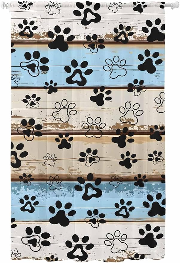 Sheer Curtains 96 Inches Long, Blue Brown Paw Prints Semi Sheer Curtains Light Filtering Window Treatment, Vintage Farmhouse Rustic Wooden Grain Privacy Voile Drapes for Living Room Bedroom 52x96 Inch