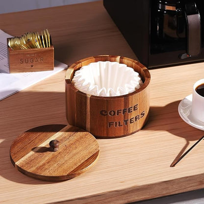 Acacia Wood Coffee Filter Holder and Storage - Round Container for Coffee Bar Organizer, Rustic Dispenser Basket