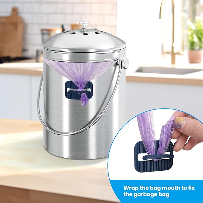 PURIMADE 10Pack 7.25 Inch Charcoal Filters for Compost Bucket with Cutting Template & Trash Can Bag Holder Clip, Universal Size Compost Bin Filter, Compost Filters for Countertop Bin