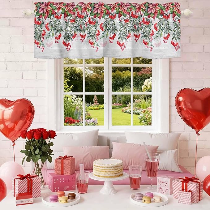 Poinsettia Berry Valance Curtains for Kitchen, Red Floral Winter Plants Vintage Wood Grain Privacy Rod Pocket Valance Curtain, Light-Filtering Window Treatment for Bedroom Bathroom, 42"x18"