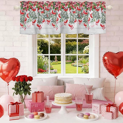 Poinsettia Berry Valance Curtains for Kitchen, Red Floral Winter Plants Vintage Wood Grain Privacy Rod Pocket Valance Curtain, Light-Filtering Window Treatment for Bedroom Bathroom, 42"x18"