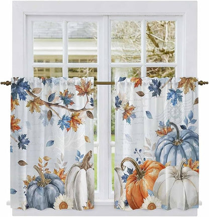Fall Blue Maple Kitchen Curtains 54 Inch Long 2 Panel Set,Rod Pocket Window Curtains Panels,Thanksgiving Pumpkins Daisy Country Leaves Light Filtering Privacy Draperies for Bedroom Laundry 42"W x 54"L