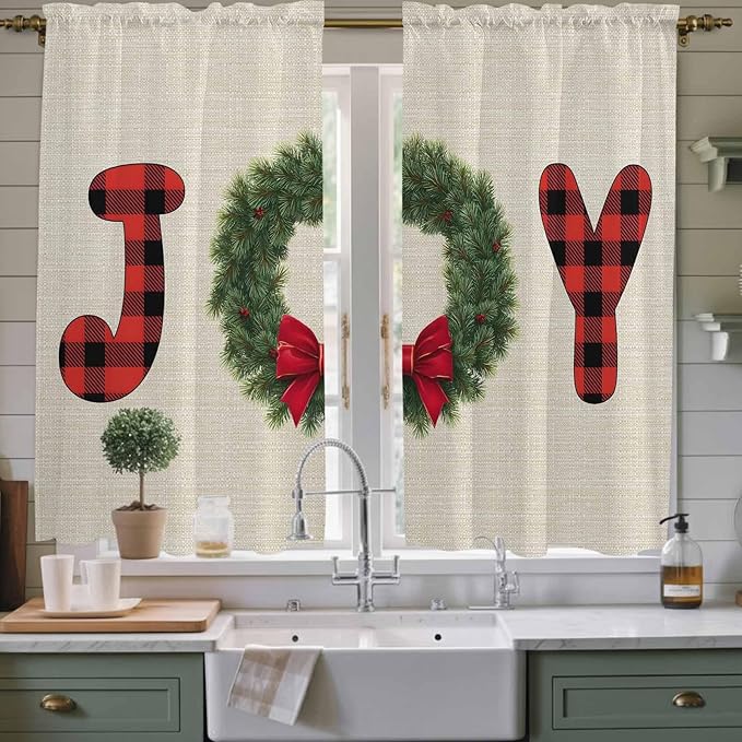 Red Green Christmas Window Curtains 63 Inch Long 2 Panel Set, Rod Pocket Bedroom Curtains & Drapes, Farmhouse Xmas Botanical Winter Light Filtering Window Treatment for Living Room 42"W x 63"L