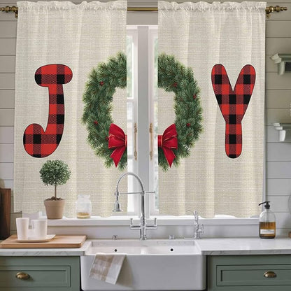 Red Green Christmas Window Curtains 63 Inch Long 2 Panel Set, Rod Pocket Bedroom Curtains & Drapes, Farmhouse Xmas Botanical Winter Light Filtering Window Treatment for Living Room 42"W x 63"L